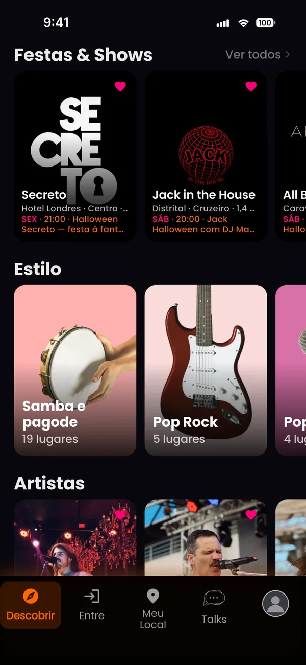 Tela com festas e shows, estilos musicais e artistas